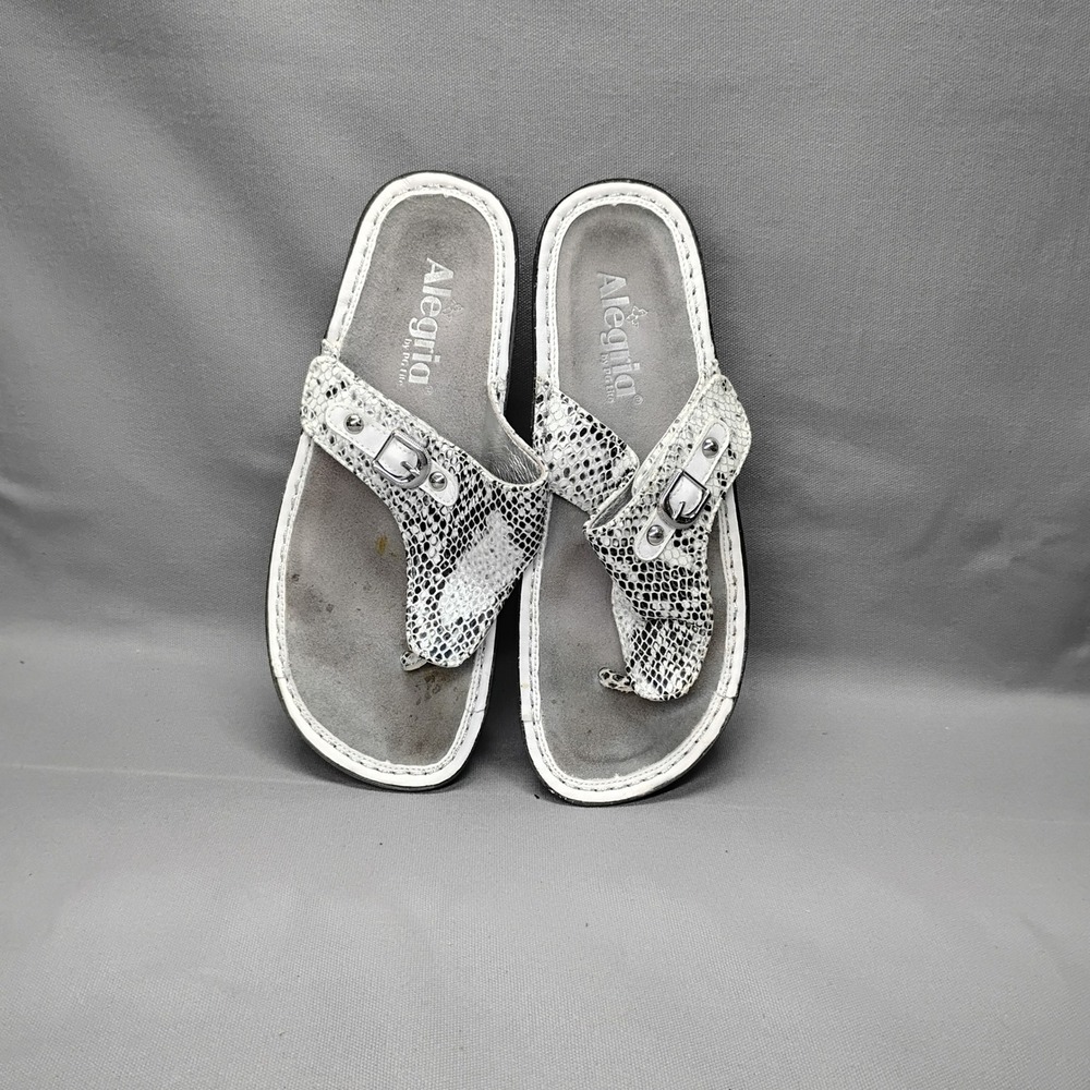 Alegria PG Lite Venice Snakeskin Print Leather Thong Sandals Black White EU 38